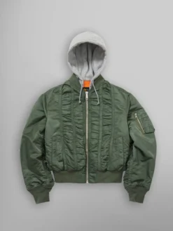 ALPHA X MADEME HOODED RUCHED MA-1 BOMBER JACKET